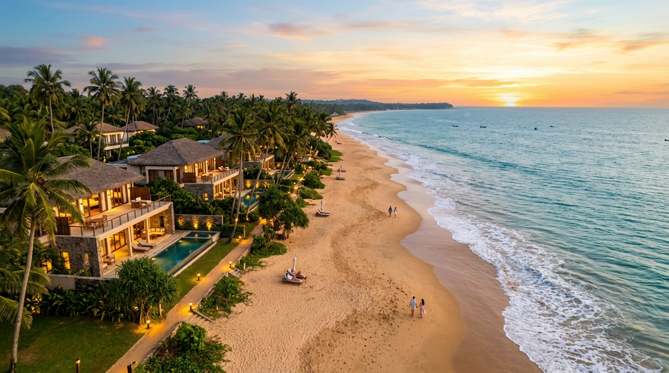 Golden Sands coastal resort beachfront at sunset